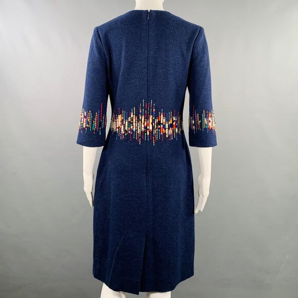 CAROLINA HERRERA Size 6 Blue Multi Color Wool Beaded Back Zip Dress - Picture 4 of 8